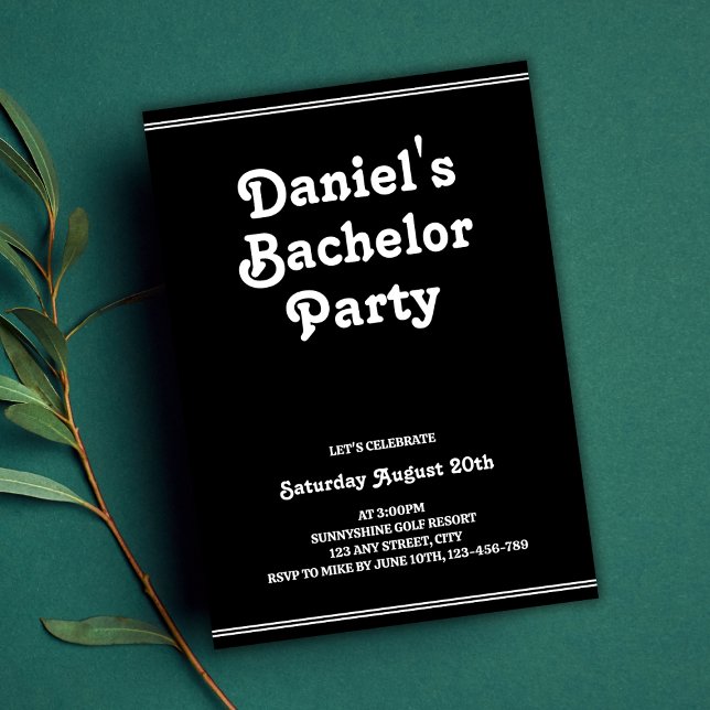 Invitation Soignée Retro Noir Simple Super Bachelor Party (Retro Black Simple Groovy Stylish Bachelor Party Invitation)