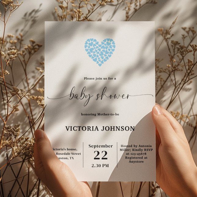 Invitation Soignée Soignée Baby shower Coeur Bleu (Créateur téléchargé)