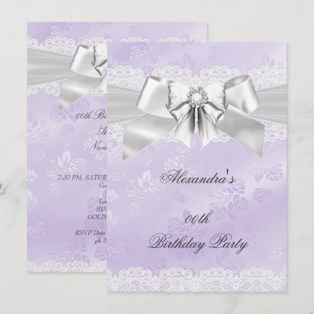 Invitation Soignée violette Damas argent blanc fête d'anniver (Devant / Derrière)