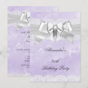 Invitation Soignée violette Damas argent blanc fête d'anniver