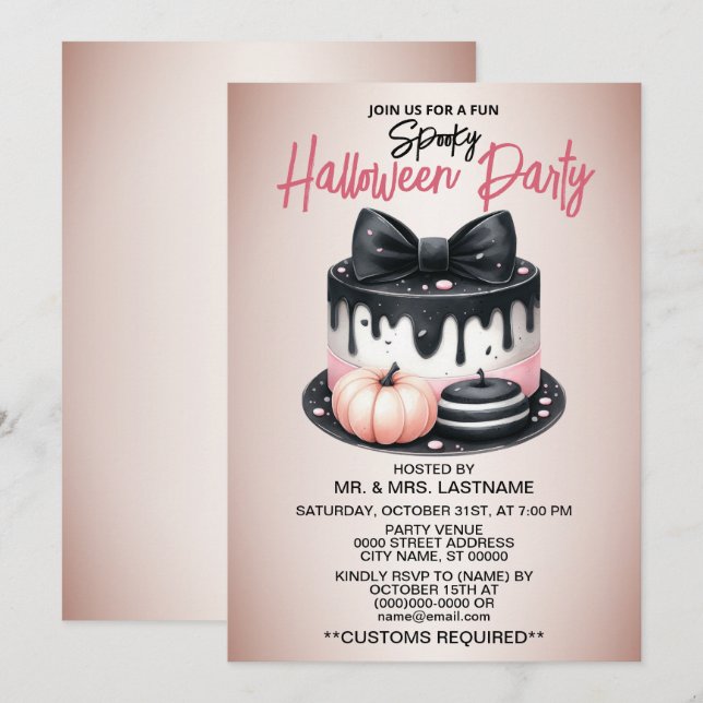 Invitation Soin de gâteau rose noire de la fête d'Halloween É (Devant / Derrière)