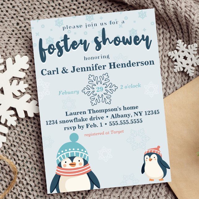 Invitation Soins d'accueil pour bébé Pingouin moelleux / Douc (foster care baby /child shower cute winter snowy penguin design blue gender neutral boy or girl )