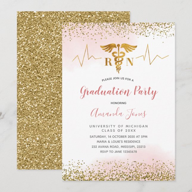 Invitation Soins infirmiers Gold et Pink RN (Devant / Derrière)