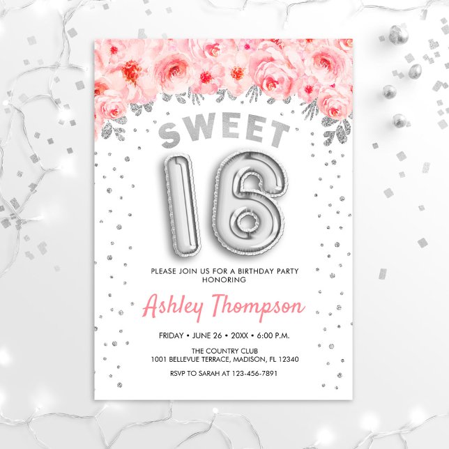 Invitation Soirée 16 Anniversaire - Ballons d'argent rose (Créateur téléchargé)