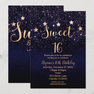 Invitation Soirée 16 étoile Gold Purple Sparkle Party