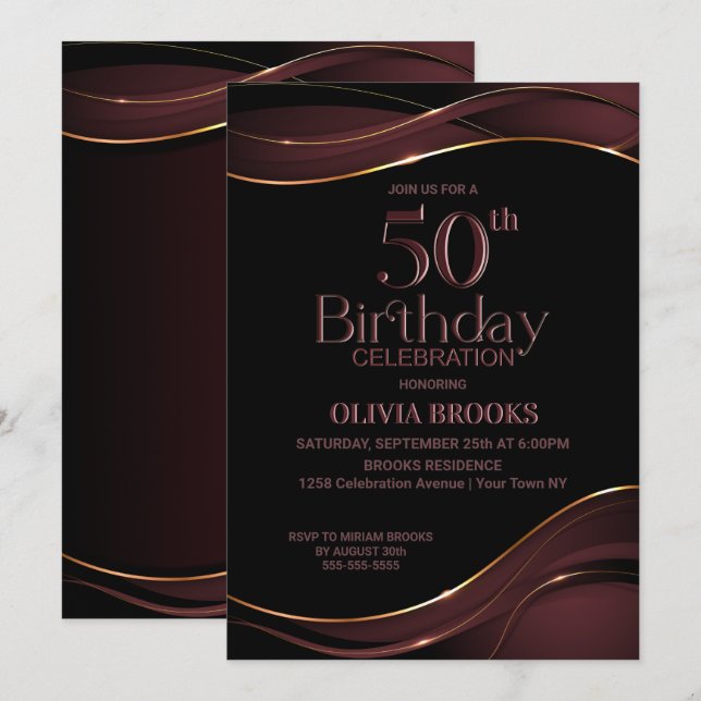 Invitation Soirée 50e anniversaire de style noir et rose (Devant / Derrière)
