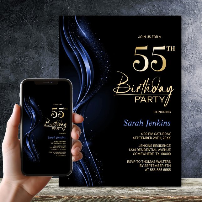Invitation Soirée 55e anniversaire en noir et bleu élégant (Créateur téléchargé)