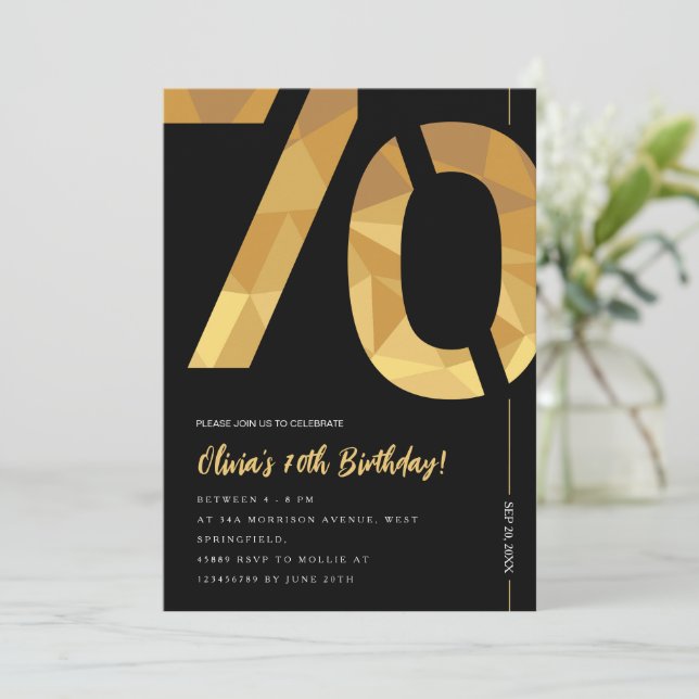 Invitation Soirée 70e anniversaire noir et or élégant (Debout devant)
