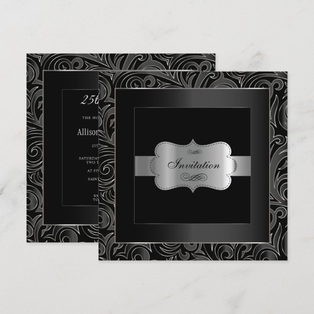 Invitation Soirée abstraite noire et argent | Anniversaire (Devant / Derrière)