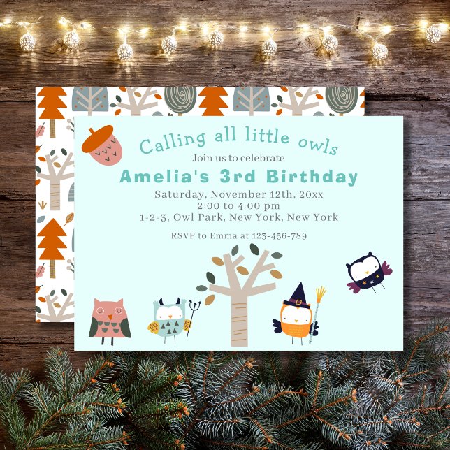 Invitation Soirée Anniversaire de enfant de la Chouette de Fo (Cute Owl Kids Birthday Party featuring four owls in the pastel lime green background and an acorn.)