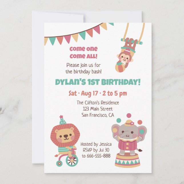 Invitation Soirée Anniversaire de enfant des animaux de cirqu (Devant)