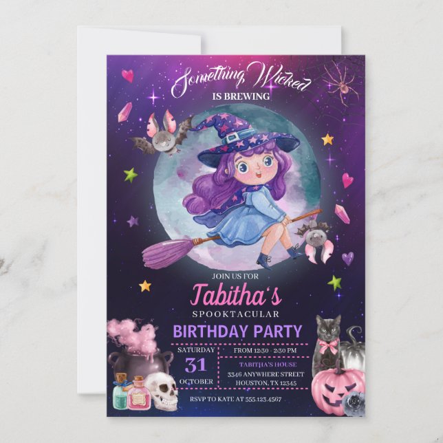 Invitation Soirée Anniversaire de enfant d'Halloween en sorci (Devant)