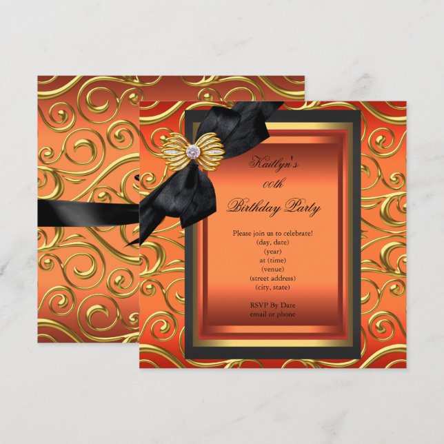 Invitation Soirée Anniversaire Noir Damas Orange Or (Devant / Derrière)