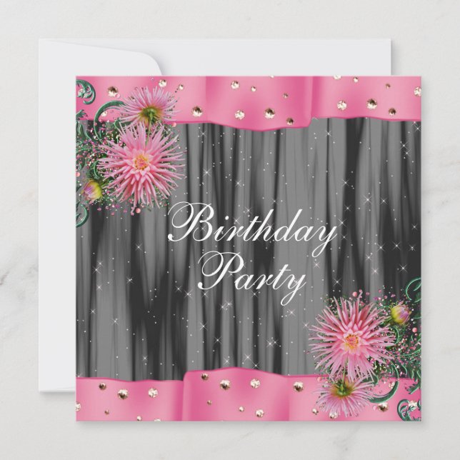 Invitation Soirée Anniversaire Noir Et Rose Dahlia (Devant)