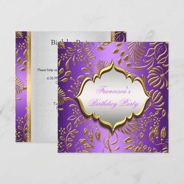 Invitation Soirée Anniversaire Purple Gold (Devant / Derrière)