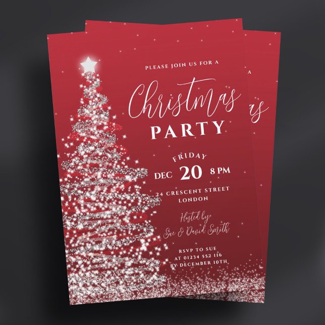 Invitation Soirée Arbre de Noël Soie Fête Rouge (Elegant Christmas Tree Party Silver Red Holiday Invitation)