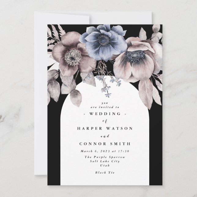 Invitation Soirée Arc Noir hiver Onyx Mariage Floral (Devant)