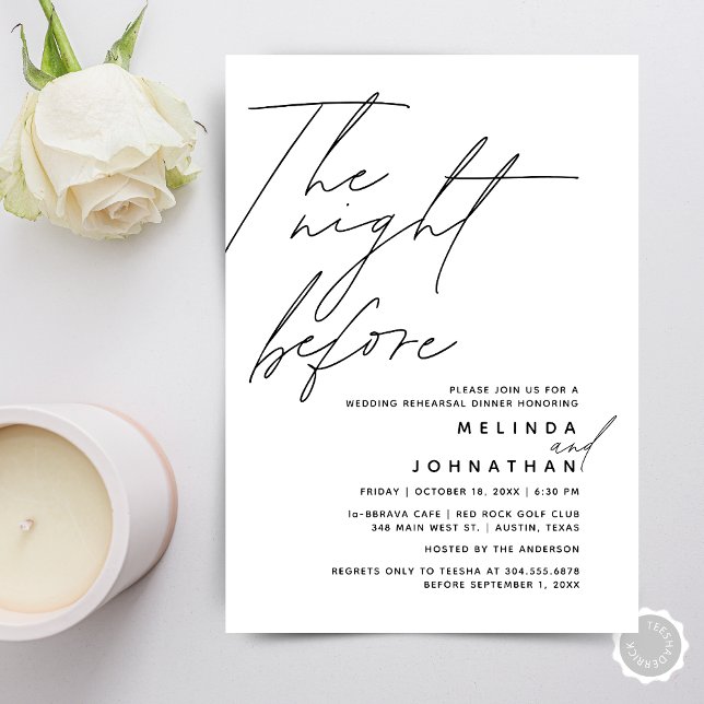 Invitation Soirée avant le dîner de répétition Mariage t1 (The Night Before, Wedding Rehearsal Dinner Party Invitation Card, in Modern Minimal Design)