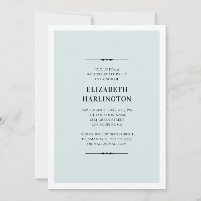 Invitation Soirée bachelorette bleu et élégante. Simple et mo (Devant)