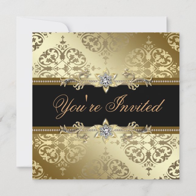 Invitation Soirée Black Gold Damask Black Tie (Devant)