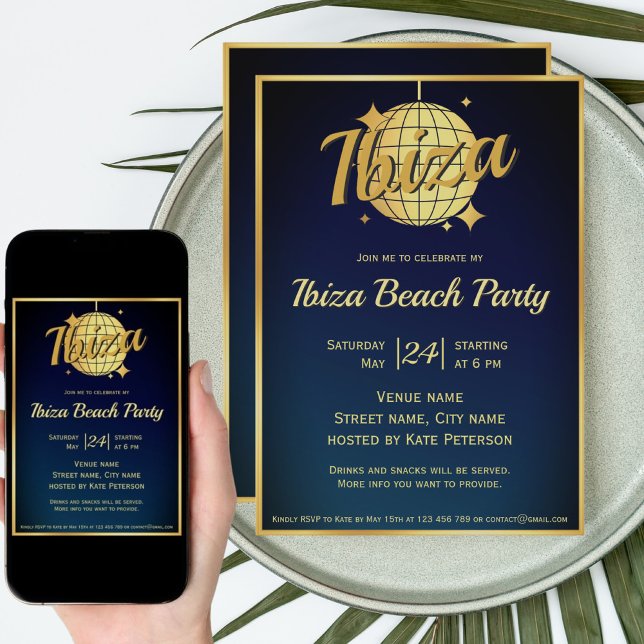 Invitation Soirée boule disco dorée sur le thème d'Ibiza  (Créateur téléchargé)