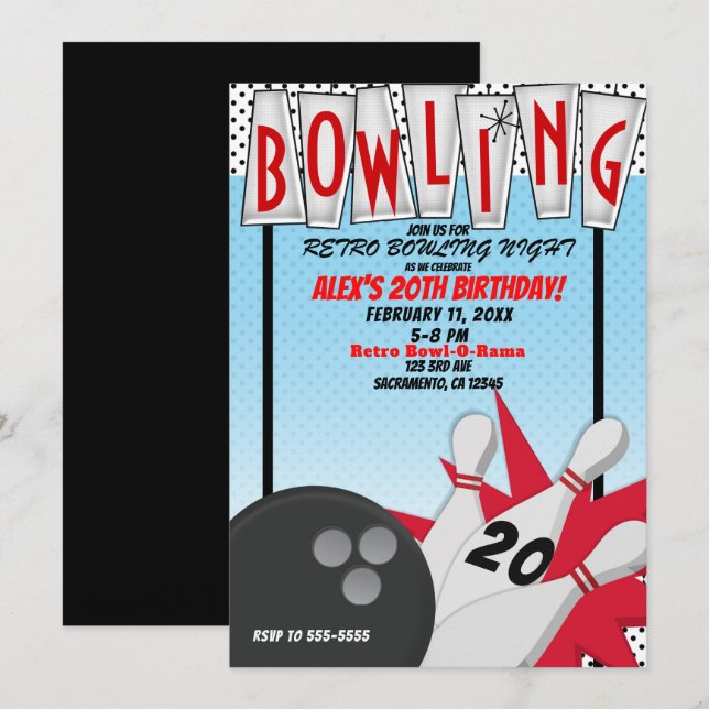 Invitation Soirée Bowling Rétro Anniversaire (Devant / Derrière)