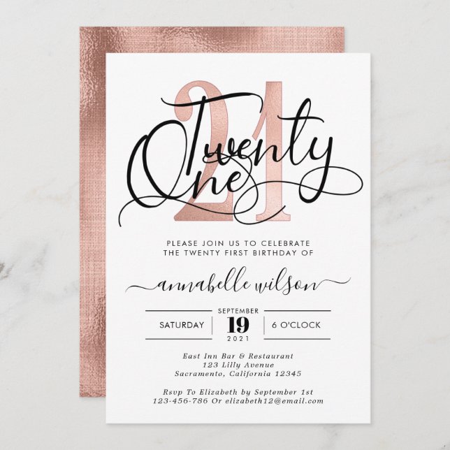 Invitation Soirée branchée Rose Gold 21e Anniversaire (Devant / Derrière)
