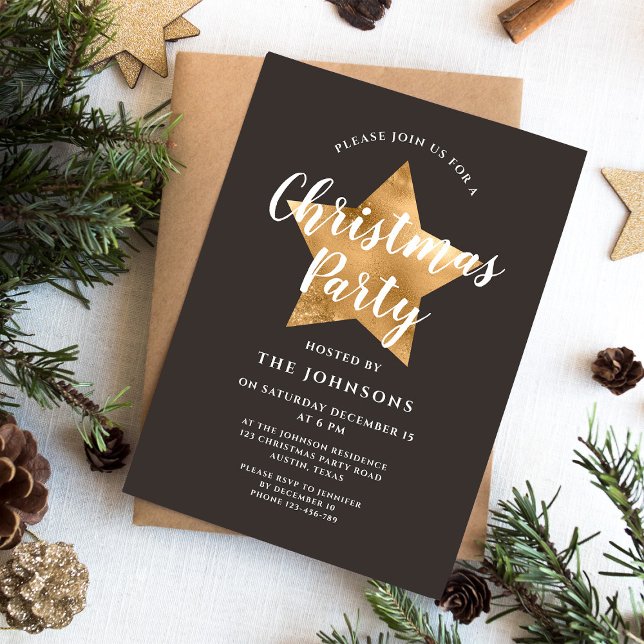 Invitation Soirée Brown Gold Star (Elegant Brown Gold Star Christmas Party Invitation)