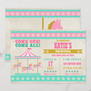 Invitation Soirée carrousel d'or rose Turquoise pour fille