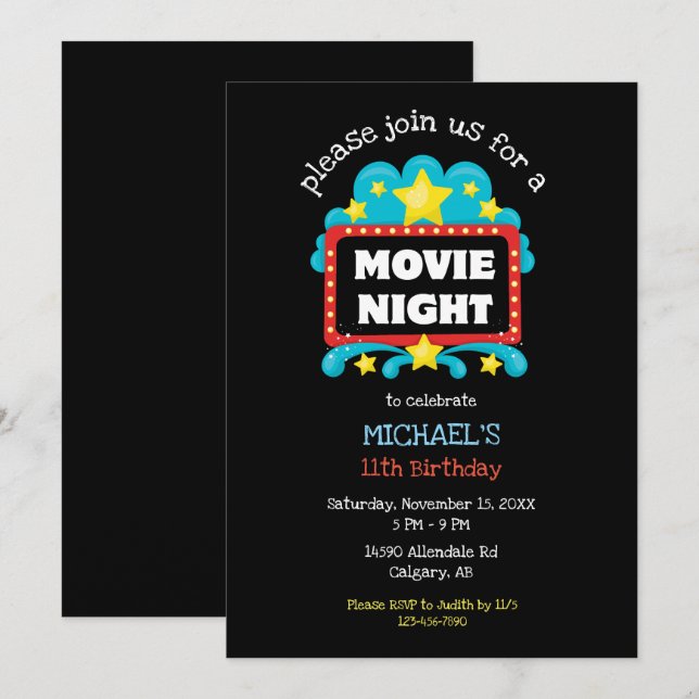 Invitation Soirée cinéma Anniversaire Fête Enfants Cute Ciném (Devant / Derrière)