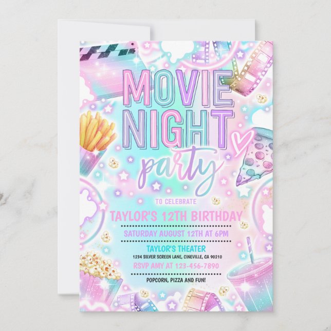 Invitation Soirée cinéma Anniversaire Fête Pastel Rainbow Mov (Devant)