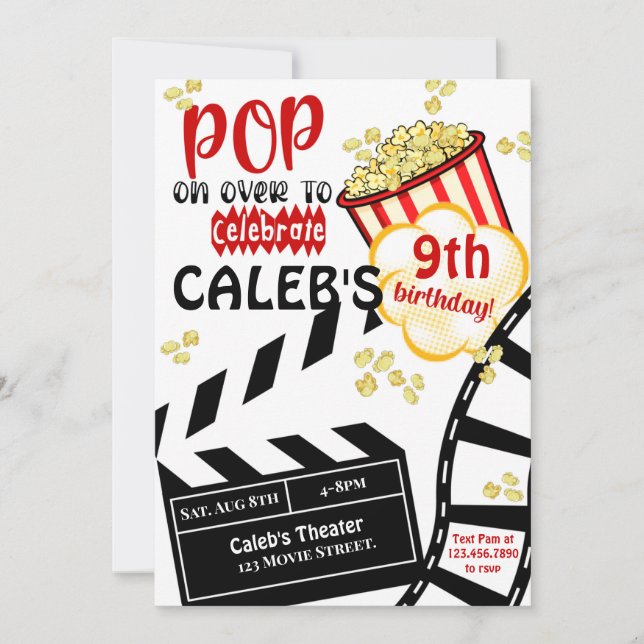 Invitation Soirée cinéma|Cinéma|Popcorn| Fête d'anniversaire (Devant)