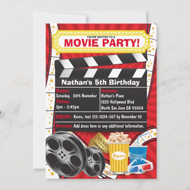 Invitation Soirée Cinéma Clappe d'Anniversaire Hollywood (Devant)
