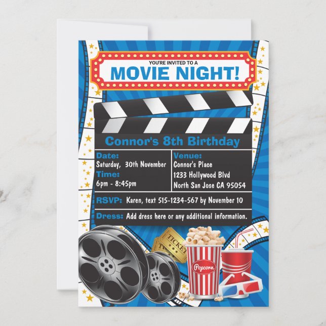 Invitation Soirée Cinéma Fête d'anniversaire Hollywood (Devant)