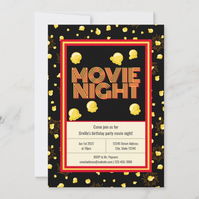Invitation Soirée cinéma fête d'anniversaire - Marquee Popcor (Devant)