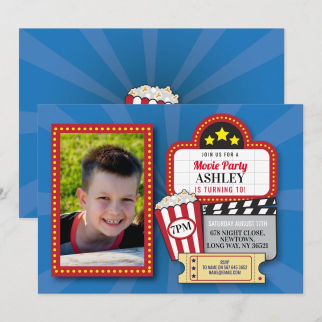 Invitation Soirée cinéma fête d'anniversaire n'importe quel â (Devant / Derrière)