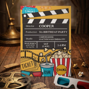 Invitation Soirée cinéma jaune pour l'anniversaire des garçon