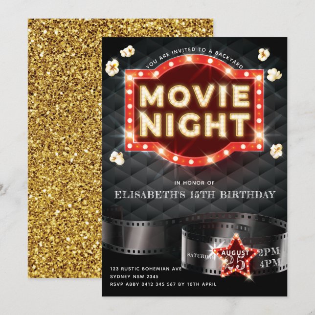 Invitation Soirée cinéma Luxe Parties scintillant Or (Devant / Derrière)