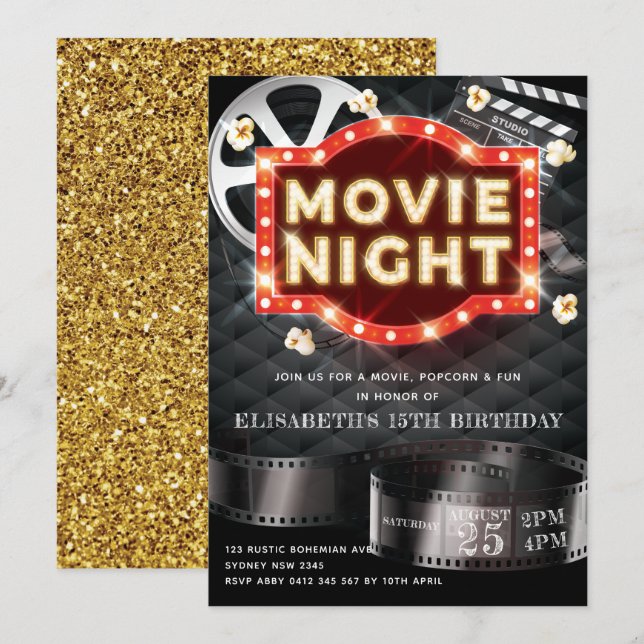 Invitation Soirée cinéma Luxe Parties scintillant Or (Devant / Derrière)
