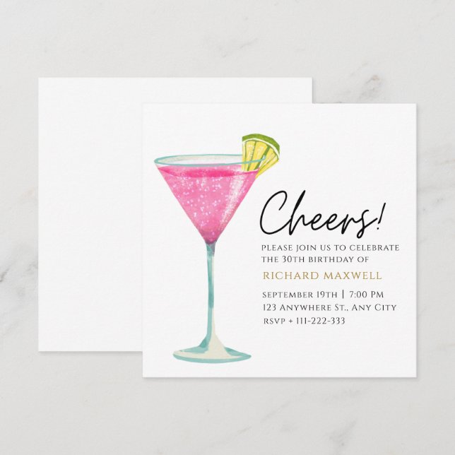 Invitation Soirée Cocktail Blanc et Rose Elégant Anniversaire (Devant / Derrière)