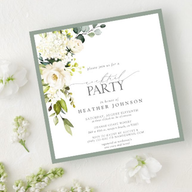Invitation Soirée Cocktail Elégante White Grey Green Watercol (Créateur téléchargé)