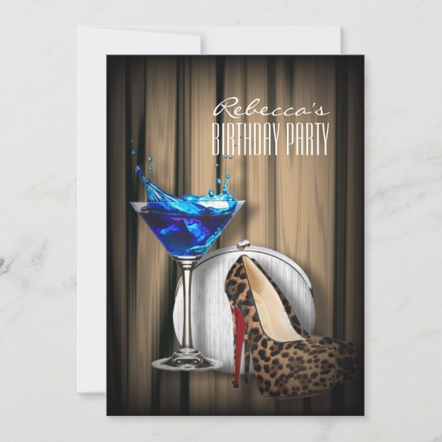 Invitation soirée cocktail leopard stilettos blue martini (Devant)