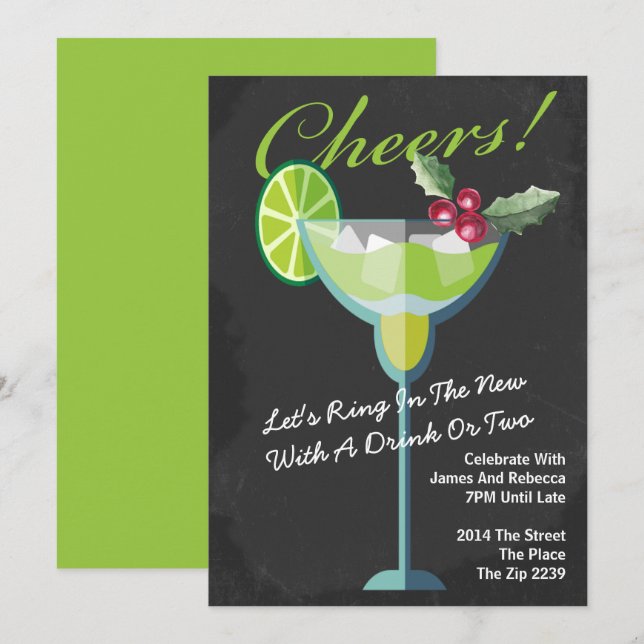 Invitation Soirée Cocktail Vert du Nouvel An Personnalisée (Devant / Derrière)