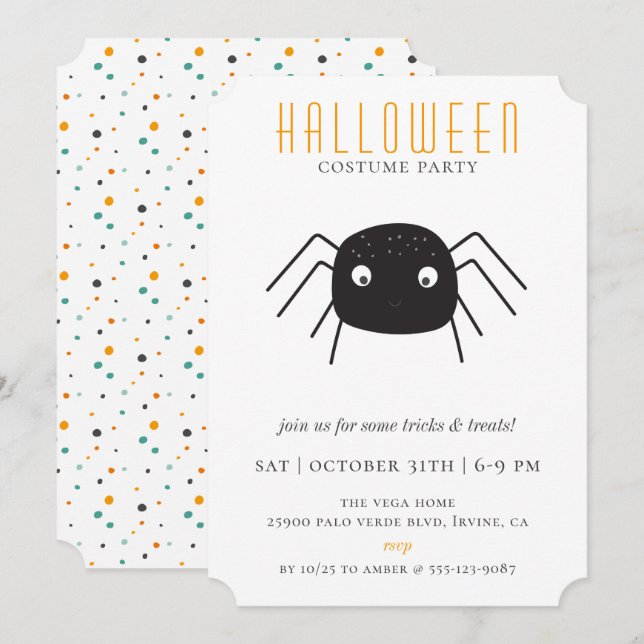 Invitation Soirée costumée d'Halloween à l'araignée mignonne (Devant / Derrière)
