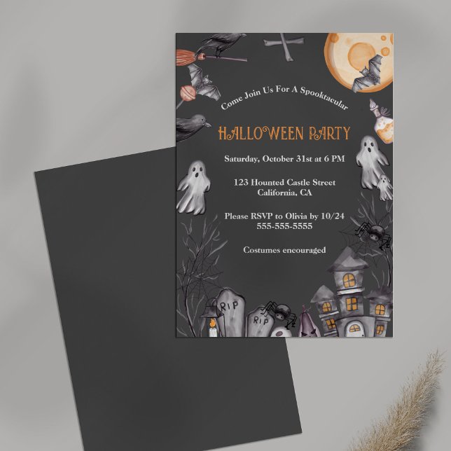 Invitation Soirée costumée d'Halloween pour enfants (Kids Halloween Costume Party Invitation on a table)