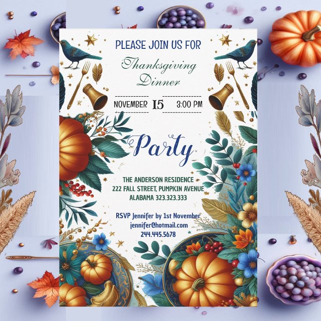 Invitation Soirée d'Action de grâces Citrouille d'or (Gold Pumpkins Botanical Thanksgiving Dinner Party Invitation)