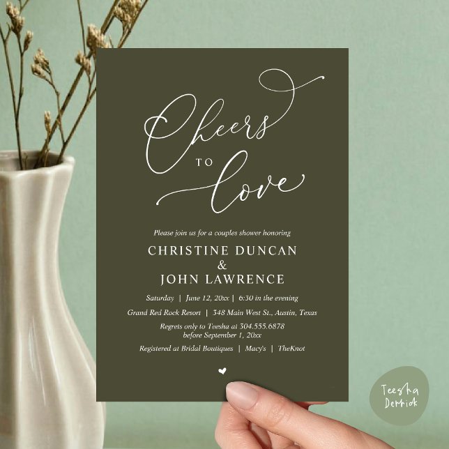 Invitation Soirée d'amour, Soirée Romantique Couples Douche (Cheers to love, Romantic Couples Shower Modern Party Winery Invitation Card, PDF, Summer Olive Green)