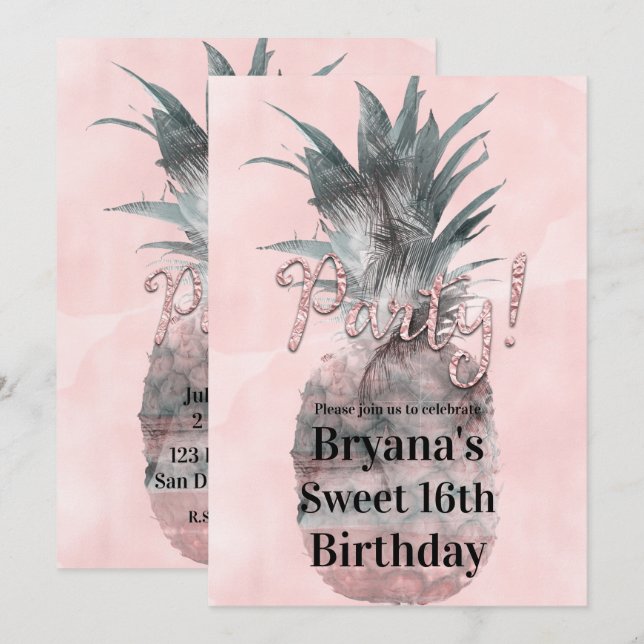 Invitation Soirée d'ananas rose Gold Pink Tropical (Devant / Derrière)