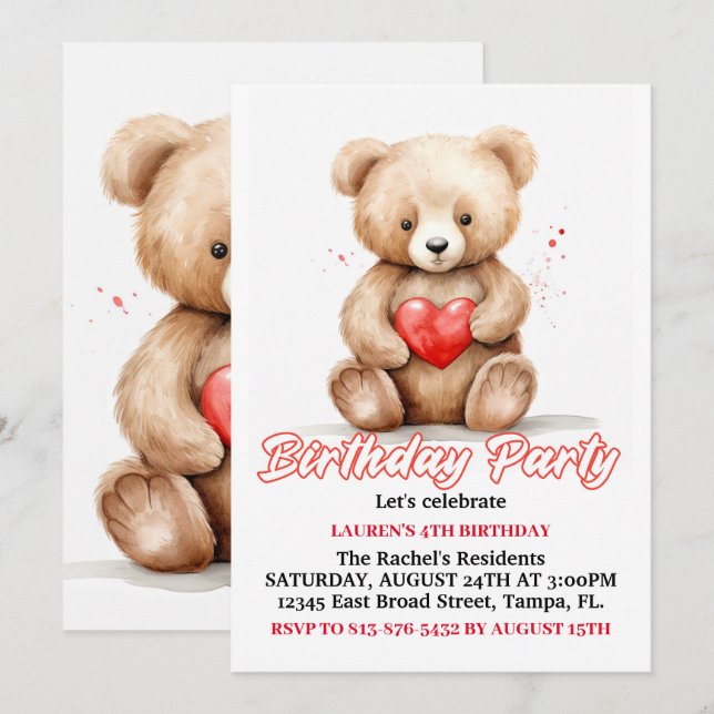 Invitation Soirée d'anniversaire à l'ours en peluche (Devant / Derrière)