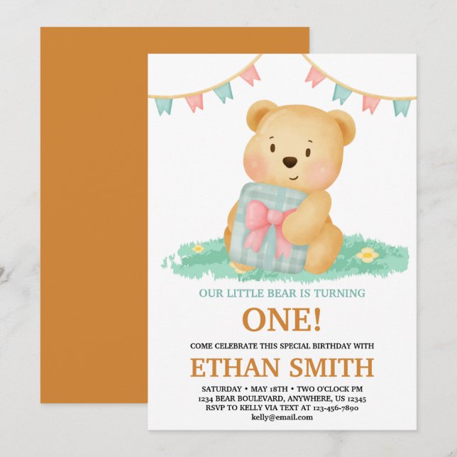 Invitation Soirée d'anniversaire à l'ours en peluche (Devant / Derrière)